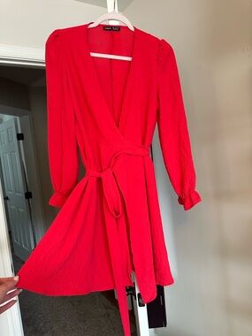 SHEIN Bright Red Long Sleeve Wrap Dress with Tie Waist